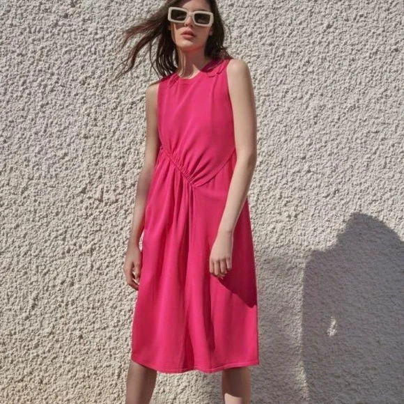 Zara | Dresses | Nwt Zara Gathered Stretchy Knit Fabric Sleeveless Fuchsia  Pink Midi Dress Size S | Poshmark